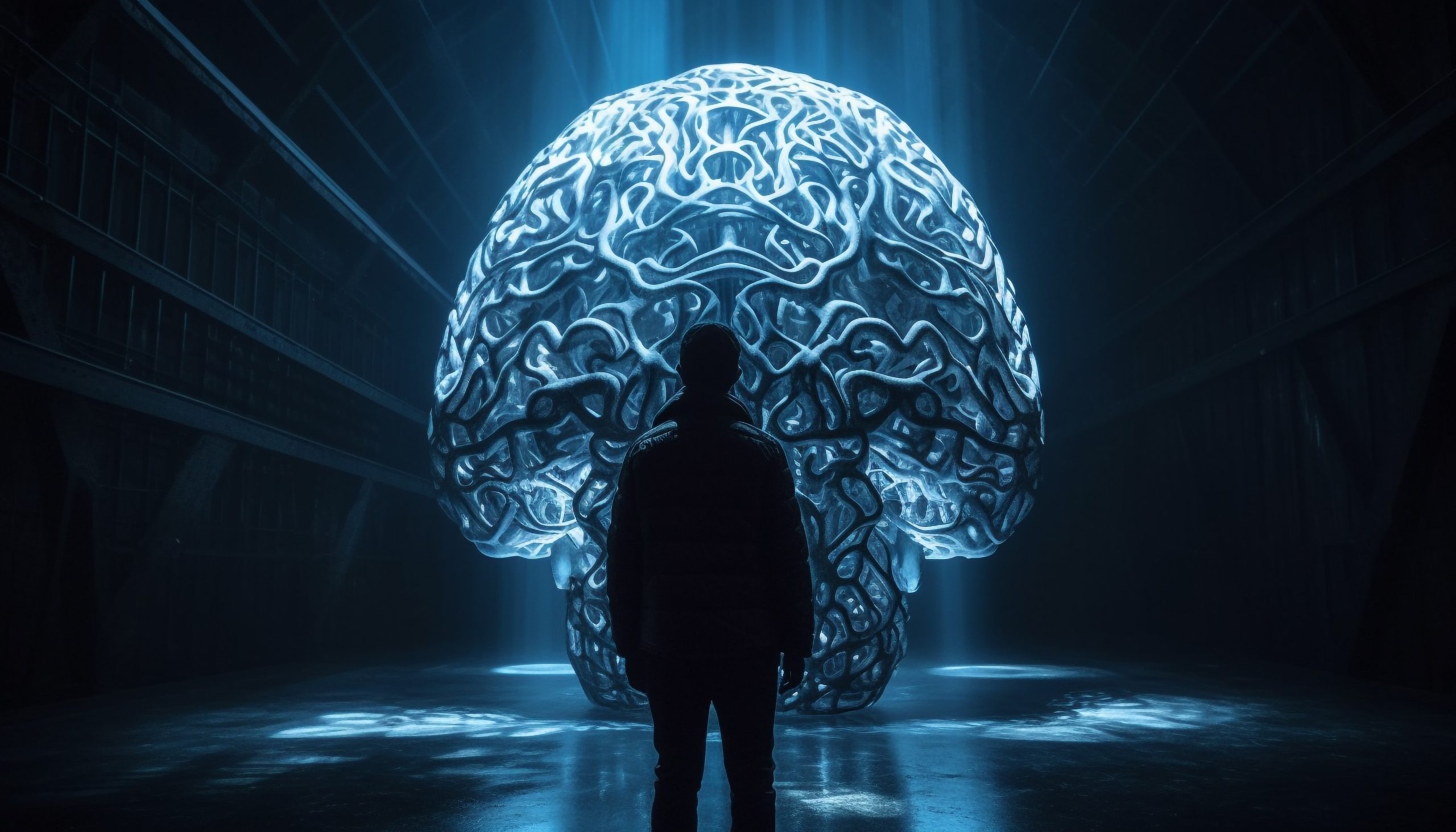 Futuristic businessman pointing to glowing abstract brain generated by artificial intelligence