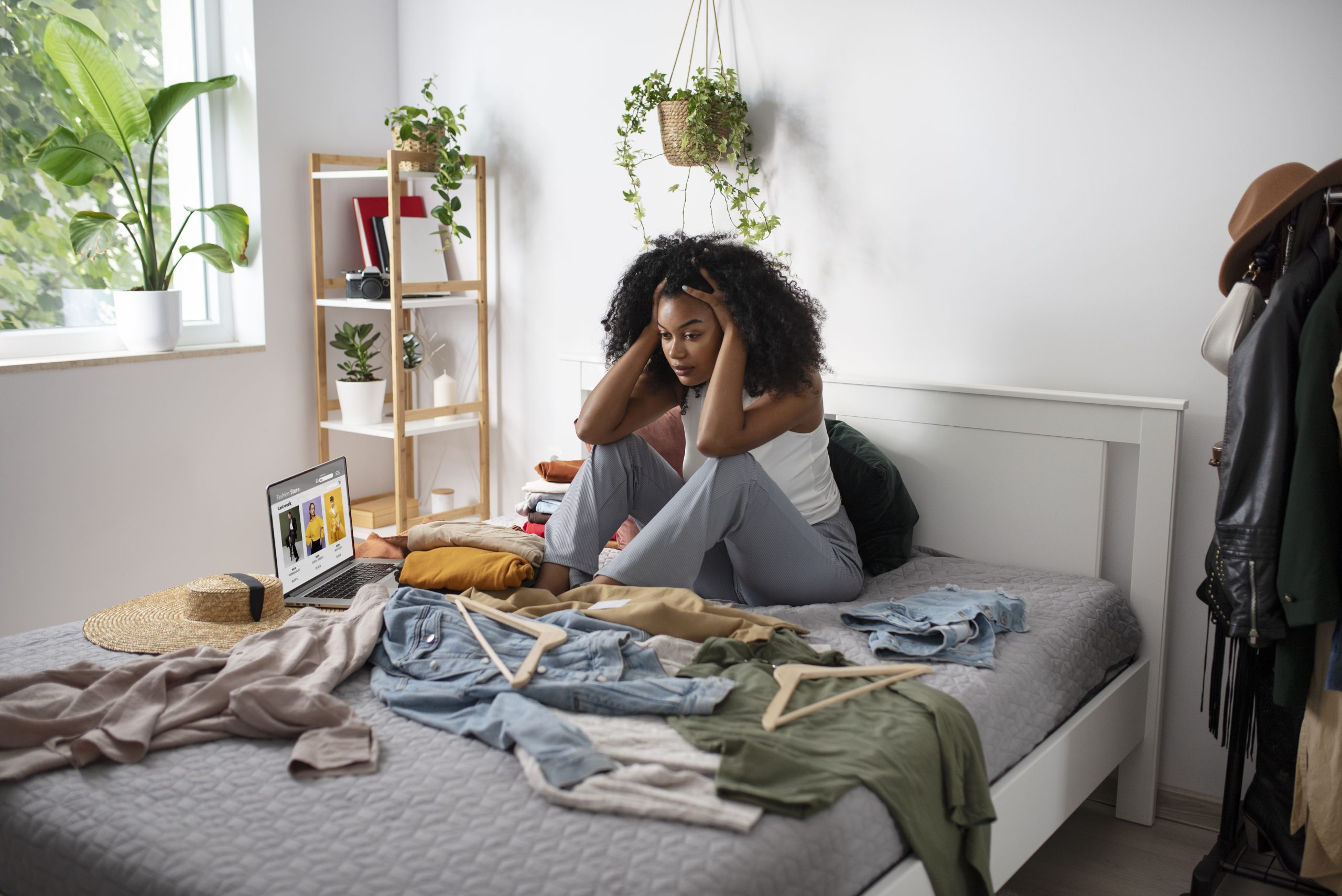 Tensed woman sitting on messy bed with clothes. Stages of hoarding.